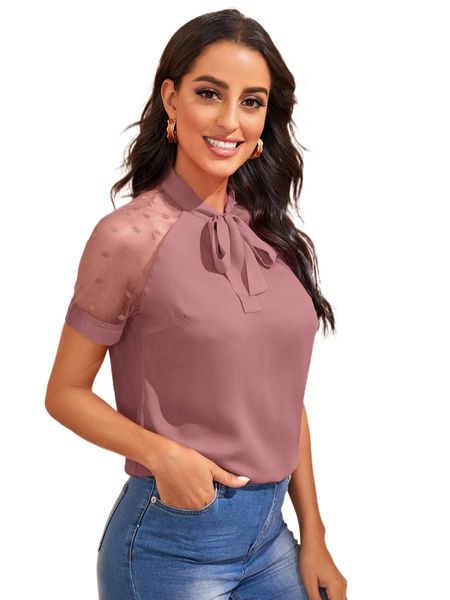 

tie neck dobby mesh raglan sleeve q6nc#, White