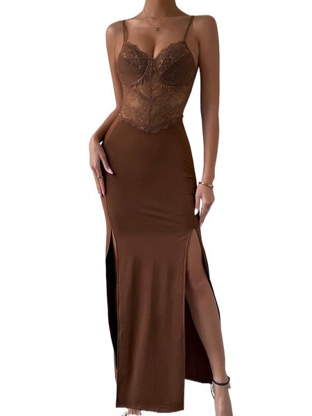 

backless split thigh bustier lace cami dress f81d#, Black;gray