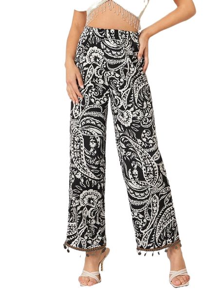 

floral & paisley print sequin trim contrast tape pants p6vu#, Black;white