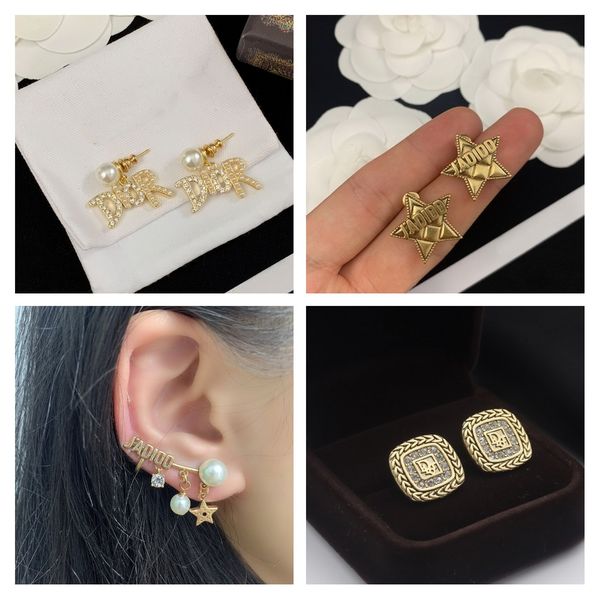 

new designed vintage dangle earring micro inlays diamonds women's 18kgp retro brass d letter pendant celebrity ladies earring studs lux, Silver