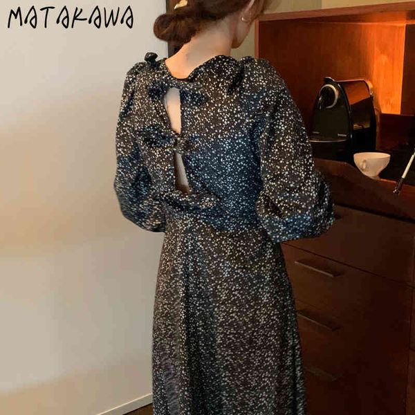 

korean ins retro hollow out bow backless femme robe loose long sleeves vestido print floral dress women 210506, Black;gray