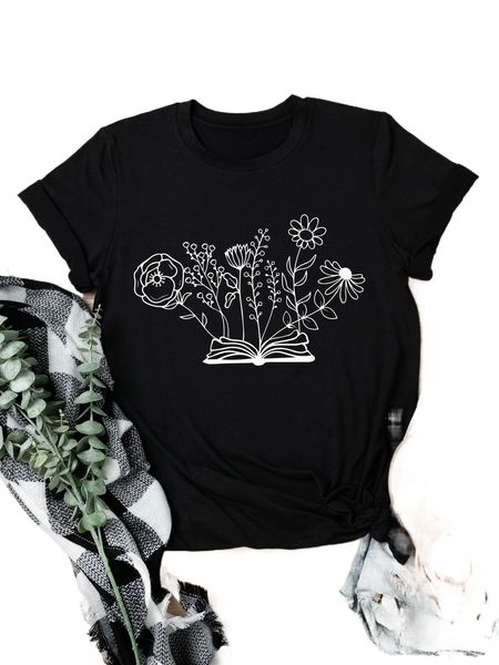 

women's plus size t-shirt plus floral print tee apparel u69ss#, Black