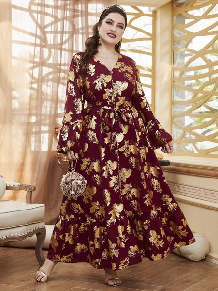 

plus random foil leaf print lantern sleeve ruffle hem belted dress v5dd#, Black