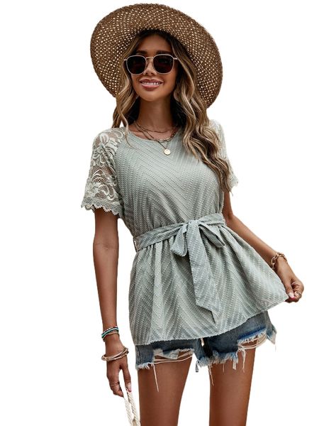 

contrast lace raglan sleeve belted blouse a1iq#, White