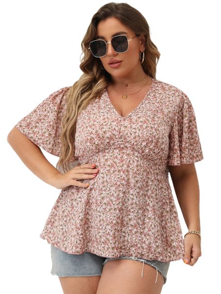 

plus ditsy floral butterfly sleeve peplum blouse c7zz#, Black