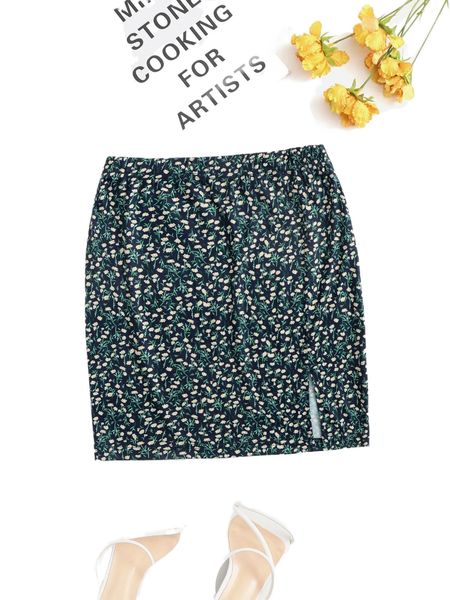 

ditsy floral elastic waist slit skirt z3gt#, Black
