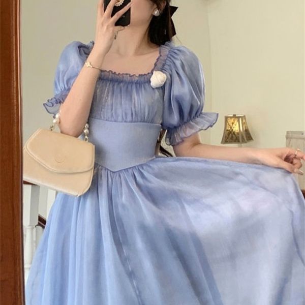 

france elegant sweet dress women autumn winter vintage eveving party midi es chic korean retro blue fairy 220504, Black;gray