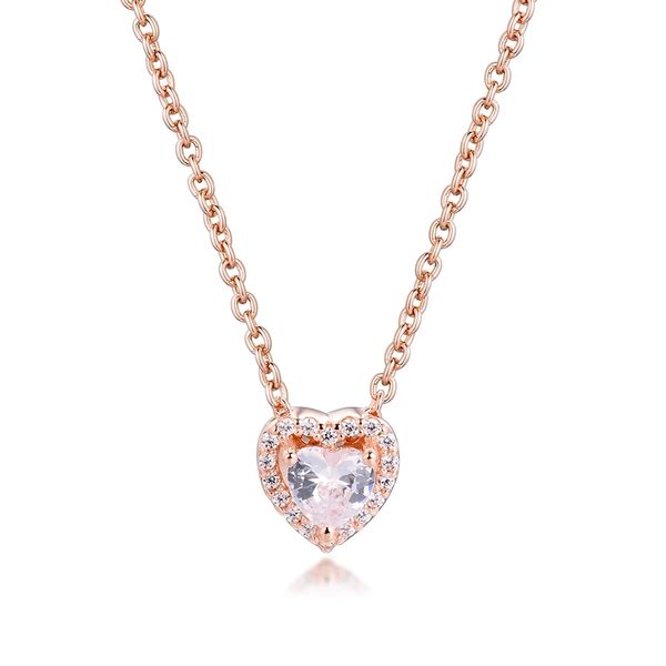 

rose color sparkling heart collier pendant necklace chain for women men genuine 925 sterling silver fit pandora style necklaces gift jewelry