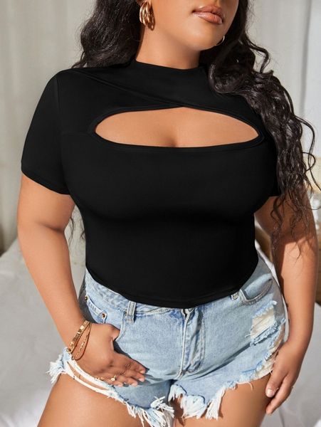 

sxy plus solid cut out stand neck tee 4364#, Black