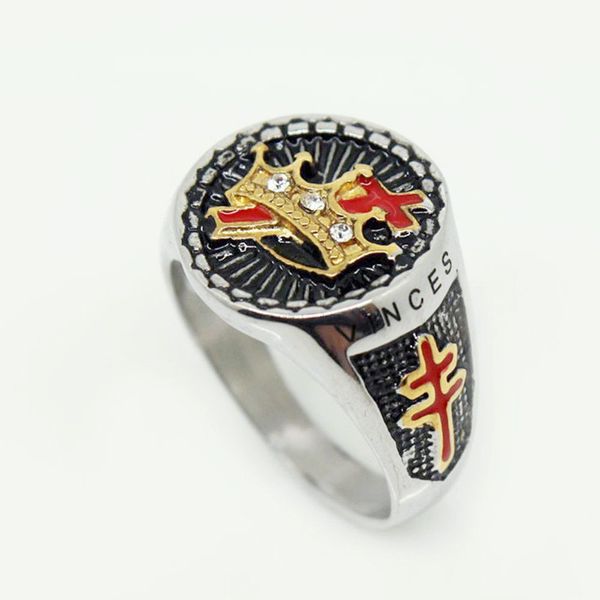 Edelstahl freimaurerische Knights Templare Cross Rings Geschenkartikel Juwel mit Kristall Steinen Gold Silber Zwei -Ton -Töne in hoc signo vinces juwely eingraviert