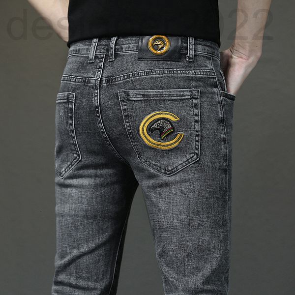 

men's jeans designer spring men's jeans cotton korean version medium waist small foot slim fit international brand eagle head wear, Blue