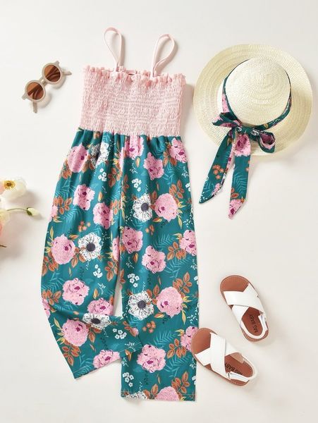 

toddler girls floral print shirred frill trim cami jumpsuit she, Blue