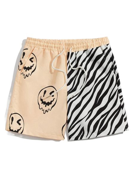 

men zebra striped & cartoon face print drawstring waist shorts f2rr#, White;black