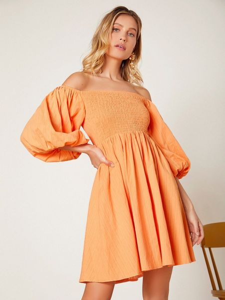 

off shoulder shirred bodice lantern sleeve dress n1sk#, Black;gray