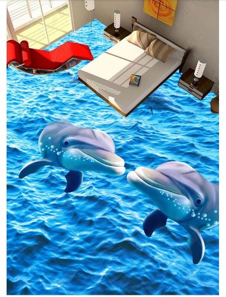 Großes Foto Benutzerdefinierte Wandbild-Tapete Kuss Delphin-Brandung Meer-Oberfläche 3D Dreidimensionale Bodengemälde Indoor Decor