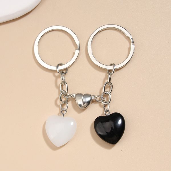 

new design keychain natural crystal quartz stone heart key ring magnetic button key chains for couple friend gifts diy jewelry, Slivery;golden