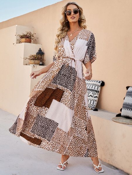 

leopard and patchwork belted dress p3pf#, Black;gray