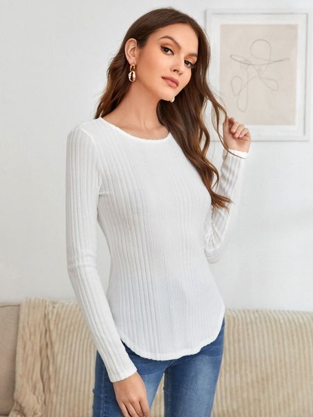 

rib-knit curved hem tee d1xt#, White
