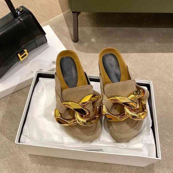 

slippers early spring jw chain baotou semi slippers women lazy wear muller shoes flat bottomed round head casual single d69w, Black