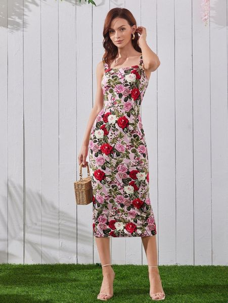 

floral print slit back cami dress 30na#, Black;gray