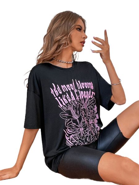 

floral & slogan graphic oversized tee q2f6#, White