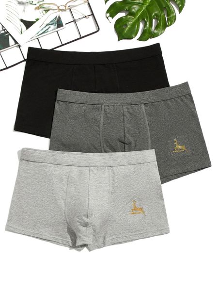 

men 3pcs elk & letter graphic boxer brief l1fp#, Black;brown