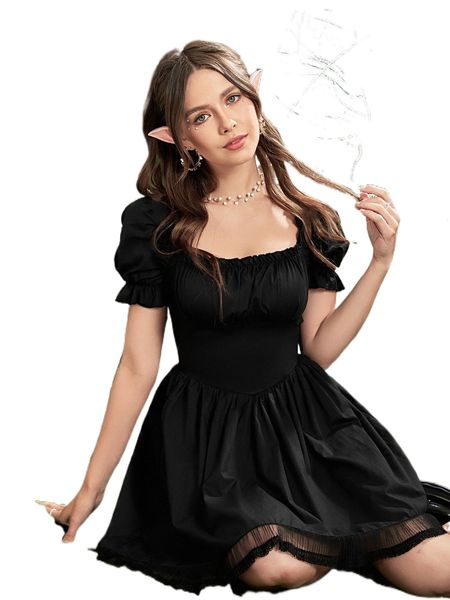 

ruched bust puff sleeve contrast mesh ruffle hem dress 28qn#, Black;gray