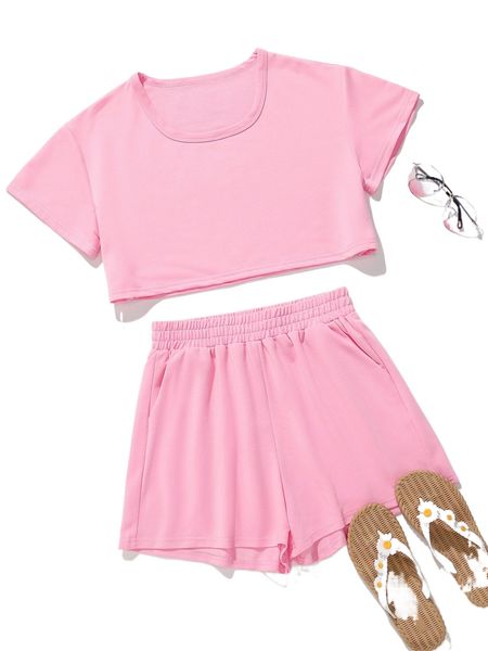 

crop solid tee & track shorts k0fe#, White