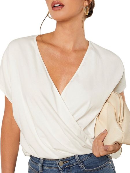 

surplice neck batwing sleeve crop tee p3iq#, White