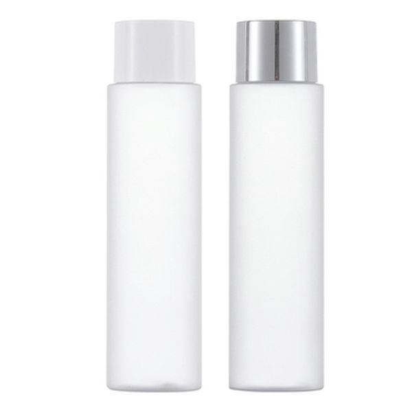 Imballaggio Vuoto Bottiglia di plastica trasparente smerigliata Spalla piatta PET Whiteness un coperchio argento lucido con tappo interno Contenitore per imballaggio cosmetico portatile ricaricabile 150 ml