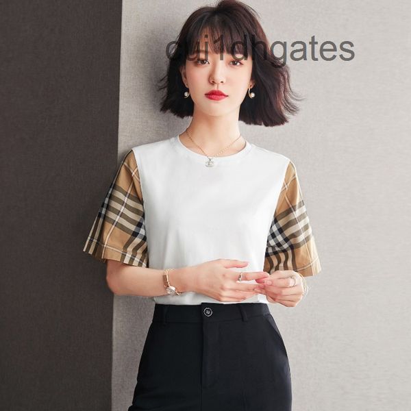 

2022 designer b br t shirt women's 2022 summer new temperament slim fit fashion t-shirt plaid round neck loose short sleeve top, White