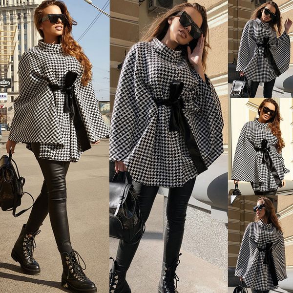 

women's cape autumn winter outerwear houndstooth woolen coat loose tie swallow gird outercoat waist bow-tie round neck brushed irregula, Black