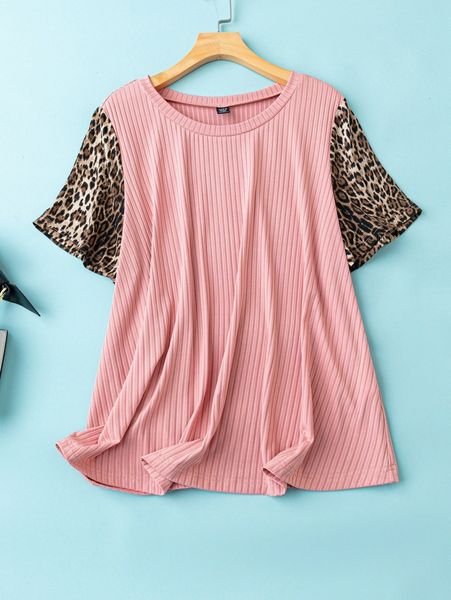 

plus leopard print rib knit tee h0qo#, Black