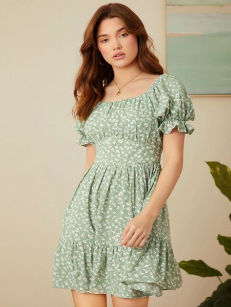

square neck ditsy floral print ruffle hem dress 016v#, Black;gray