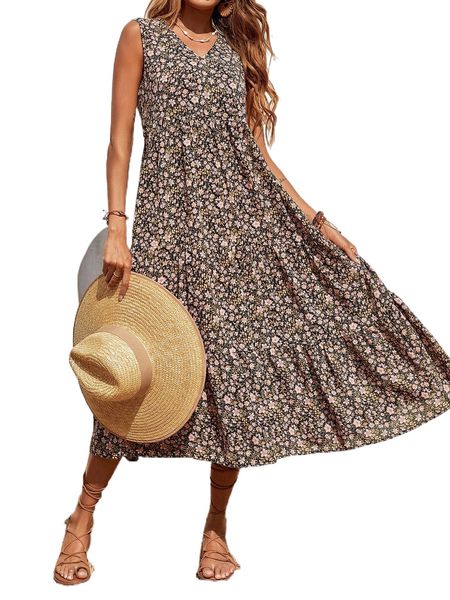 

allover floral print ruffle hem dress h5f5#, Black;gray