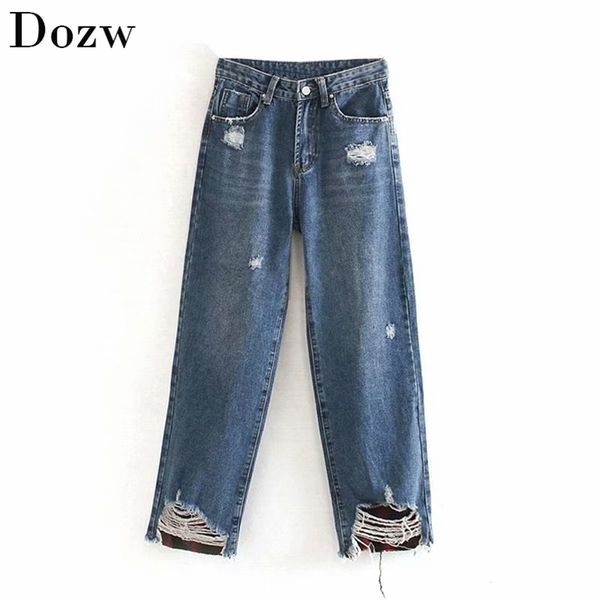 Moda Mulheres buracos Mom jeans calças de comprimento longo As calças de rua larga de pernas largas Buttoms Baggy Denim y Damskie 210515