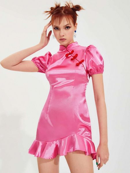 

frog button puff sleeve ruffle hem satin dress g8lo#, Black;gray