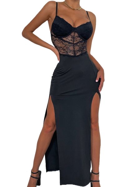 

backless split thigh bustier lace cami dress k9uc#, Black;gray