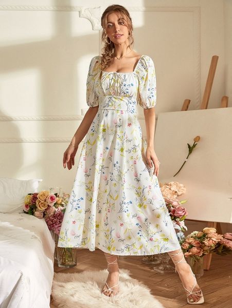 

random floral print knot front ruched bust dress p0zw#, Black;gray