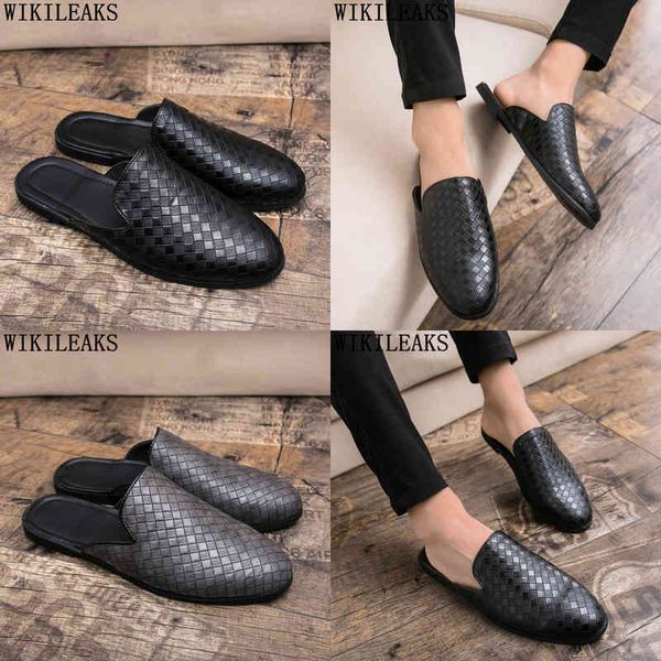

dres shoe woven leather famou brand shoe men clothing mule loafer wedding zapato hombre 220723, Black