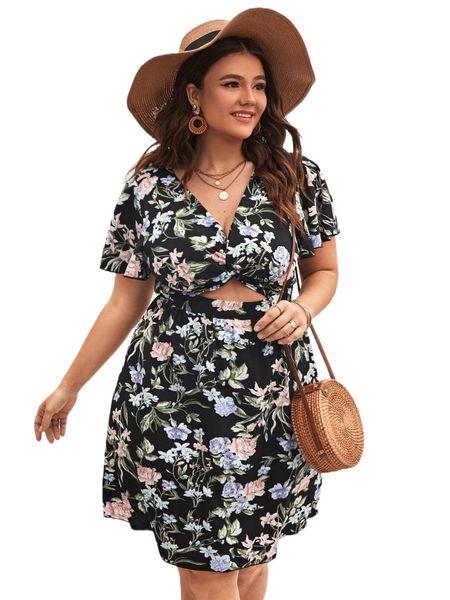 

plus allover floral print twist cutout front dress k4iv#, Black