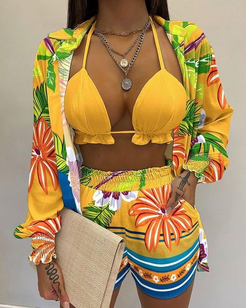 

summer 3 piece set outfits women fashion beach style printed suspender shirt shorts suit vacation three piece set women, White