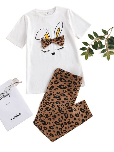 

plus cartoon graphic bow detail tee & pants pj set d93h#, Black;white