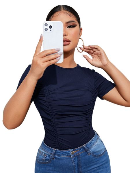 

sxy solid ruched slim tee f293#, White