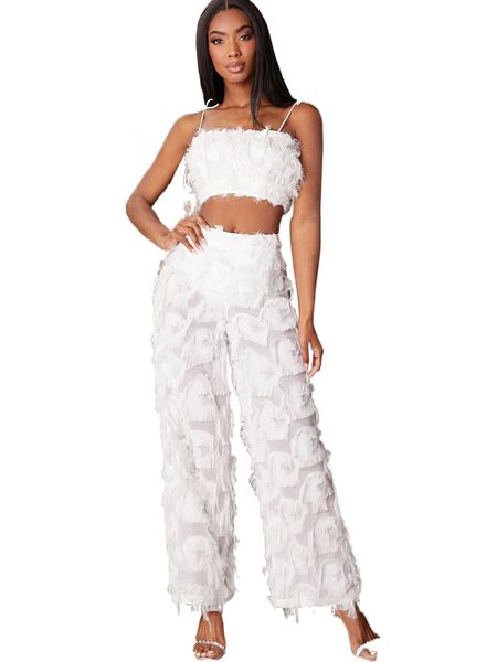

fringe knot strap cami & wide leg pants a8xj#, White