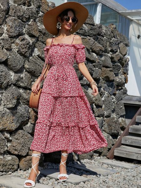 

ditsy floral print ruffle trim dress s3hw#, Black;gray