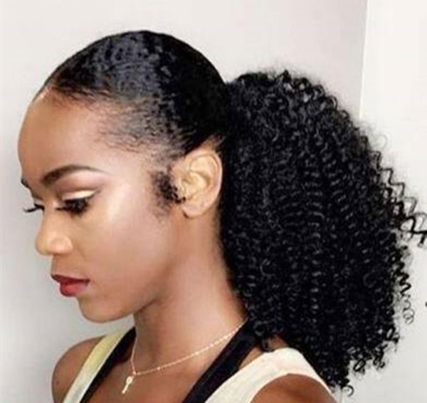 

ponytail human hair wrap around brazilian natural kinky curly clip on remy extensions 12"-24" blonde brown highlights color, Black