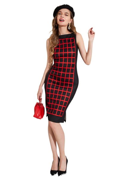 

x clark jean sartorio grid print split hem bodycon dress o3ef#, Black;gray
