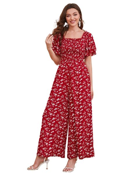 

1pc ditsy floral print frill trim shirred jumpsuit without belt k3s3#, Black;white