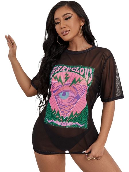 

eye & letter graphic cover up without bikini set b1zb#, White;black